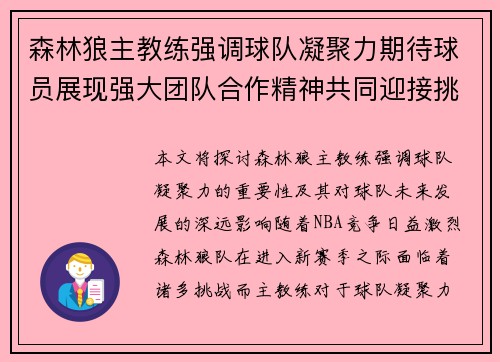 森林狼主教练强调球队凝聚力期待球员展现强大团队合作精神共同迎接挑战