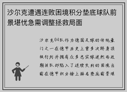 沙尔克遭遇连败困境积分垫底球队前景堪忧急需调整拯救局面