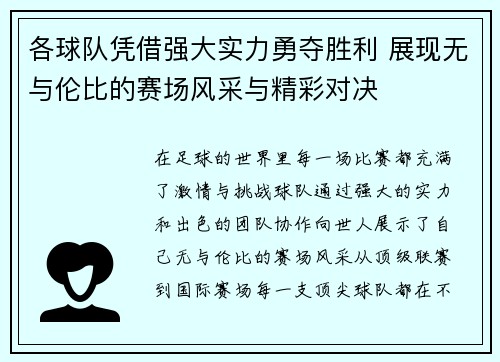 各球队凭借强大实力勇夺胜利 展现无与伦比的赛场风采与精彩对决