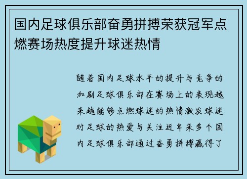 国内足球俱乐部奋勇拼搏荣获冠军点燃赛场热度提升球迷热情