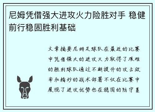尼姆凭借强大进攻火力险胜对手 稳健前行稳固胜利基础