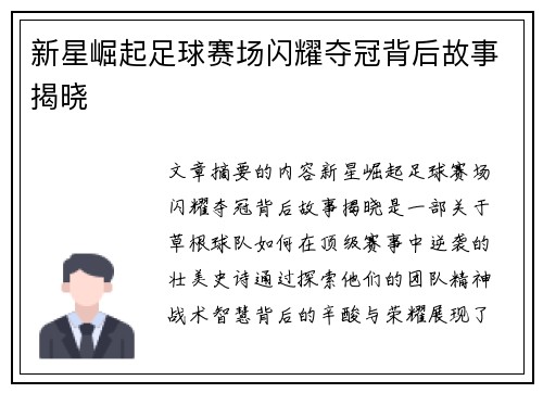 新星崛起足球赛场闪耀夺冠背后故事揭晓